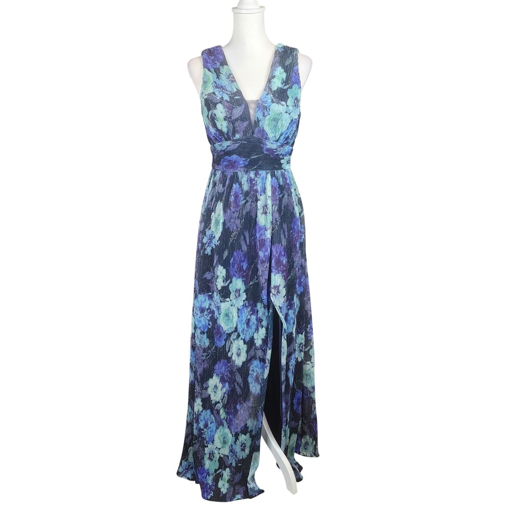 Nightway Metallic Maxi Dress Gown Womens 8 Navy Purple Floral Slit Formal Events